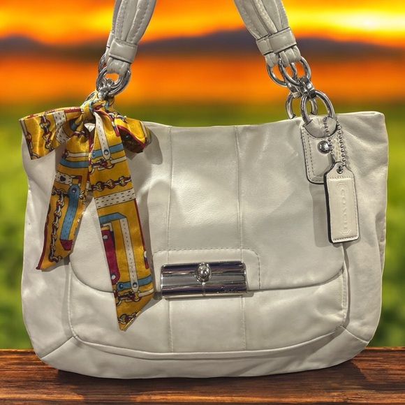 Coach Handbags - Coach White Shoulder Bag with Yellow Scarf Accent
